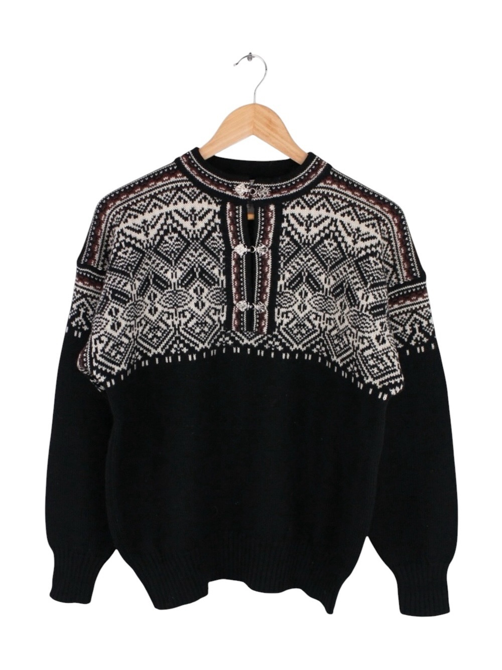 Vintage Meister 100% Wool Nordic Ski Sweater Black Fair Isle Clasp Front Medium